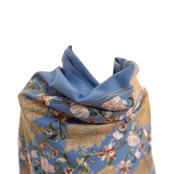 Blue Embroidered Wool Blend Scarf Made in Nepal – Floral Golden Tapestry Wrap - Picture 4 of 9